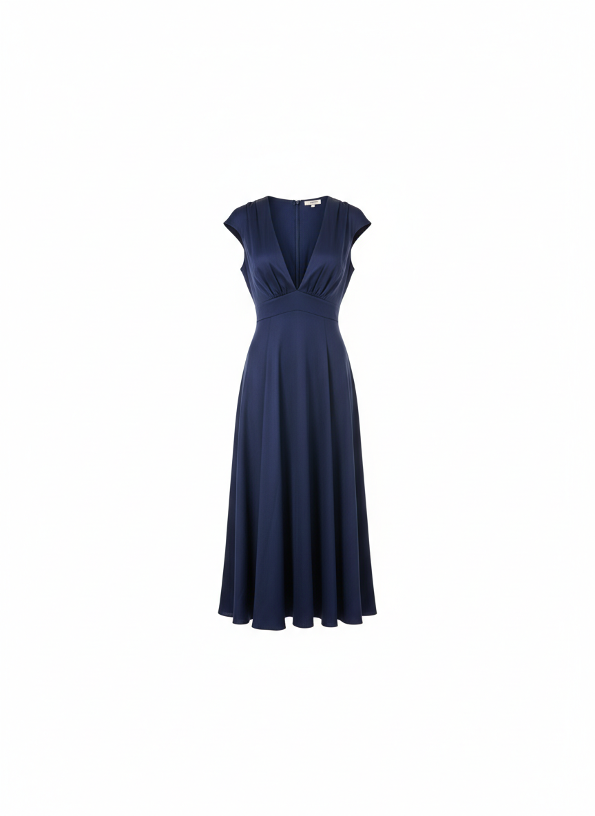 Navy Midi Dress V-Neck